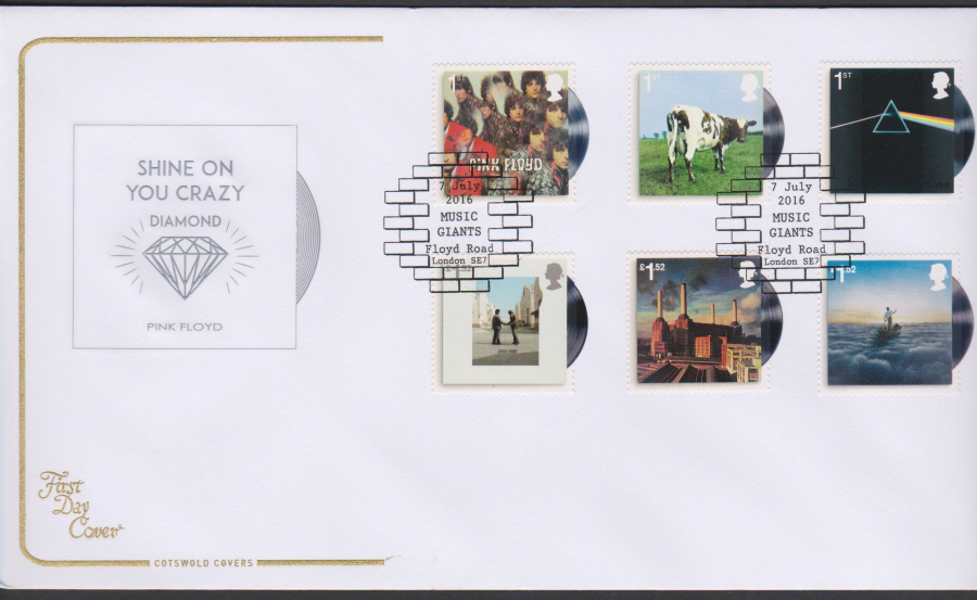 2016 - Pink Floyd, COTSWOLD First Day Cover, Music Giants Floyd Road , London SE7 Postmark